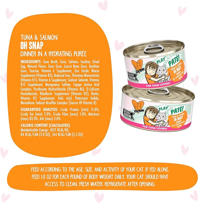 Weruva B.F.F. Play - Best Feline Friend Paté Lovers, Aw Yeah!, Tuna & Salmon Oh Snap! with Tuna & Salmon, 5.5oz Can (Pack of 8)