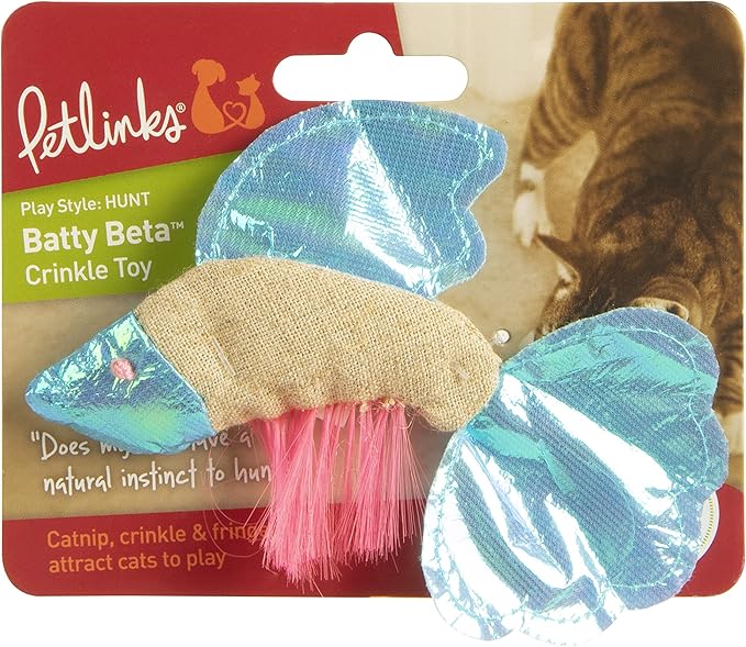 Petlinks Batty Beta Fish Crinkle Catnip Cat Toy - Tan/Blue, One Size