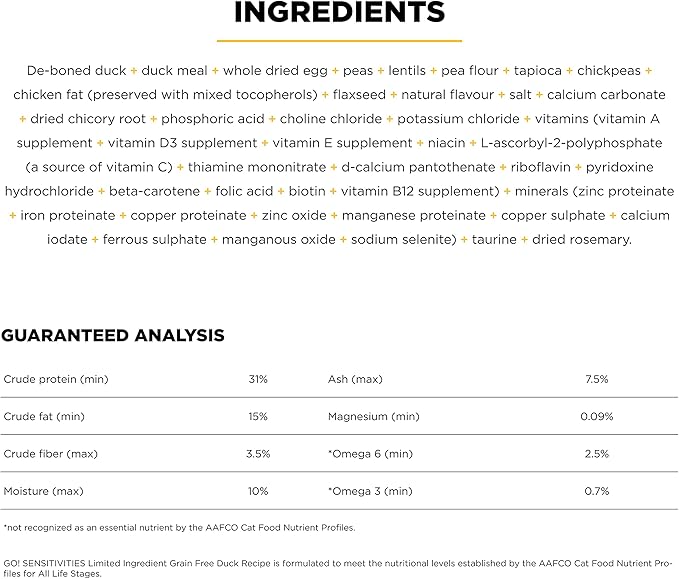 Go! Solutions Sensitivities Limited Ingredient, Grain-Free Dry Cat Food, Duck Recipe for Sensitive Stomach, 16 lb Bag