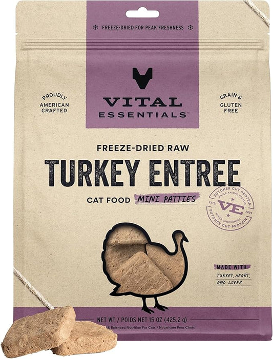 Vital Essentials Freeze Dried Raw Cat Food, Turkey Mini Patties Entree, 15 oz