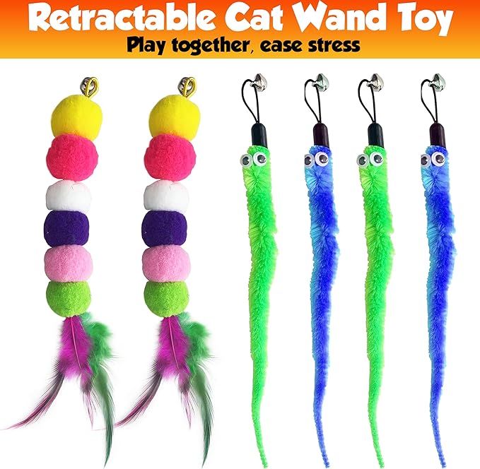 Retractable cat wand toys, 14PCS teaser refills-feather & worm refills and chirping mouse toy, interactive cat teaser toys for indoor cats, fishing pole games for bored indoor kitten exercise & play