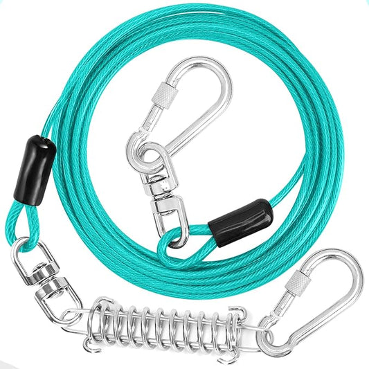 Jenico Dog Tie Out Cable - 10/15/20/30/40/50/70/100/150FT Runner Cable with Swivel Hook and Shock Spring, Leash Tether for Yard, Outdoor and Camping, for Small to Medium Pets Up to 500 LBS