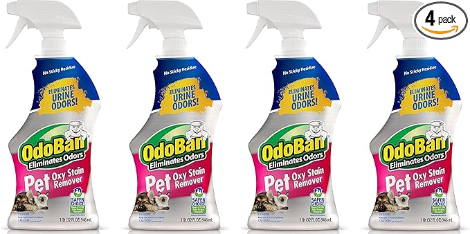 OdoBan Pet Solutions Oxy Stain Remover, Pet Stain Eliminator, Made in the USA, 4-Pack, 32 Ounce Spray Each