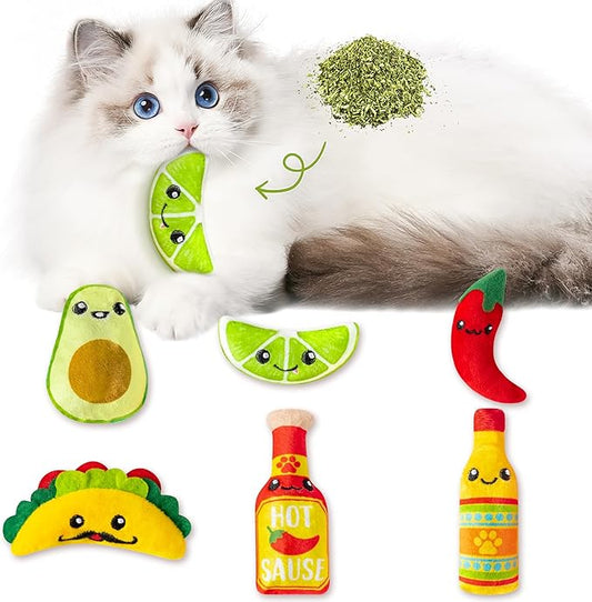 L1rabe Mexican Catnip Stuffed Toys - Hispanic Heritage Month 6Pcs Funny Cat Toys for Cat Lovers Gifts, Carnival Sause Avocado Indoor Kitten Chew Bite Kick Interactive Pet Supplies Kitten Birthday Gift