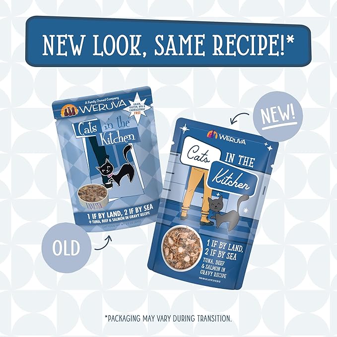 Weruva Cats in The Kitchen, 1 if by Land, 2 if by Sea with Tuna, Beef & Salmon in Gravy Cat Food, 3oz Pouch (Pack of 12)