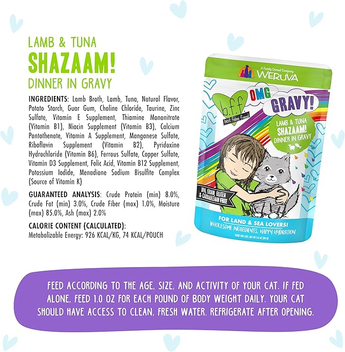 Weruva B.F.F. OMG - Best Feline Friend Oh My Gravy!, Shazaam! with Lamb & Tuna in Gravy Cat Food, 2.8oz Pouch (Pack of 12)