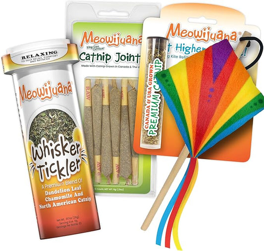 Meowijuana Get Higher Bundle | Get Higher Kite Refillable Toy, King Size Catnip Joints, and Whisker Tickle | Hand Harvested and Rolled Dried High Potency Catnip | Grown in North America