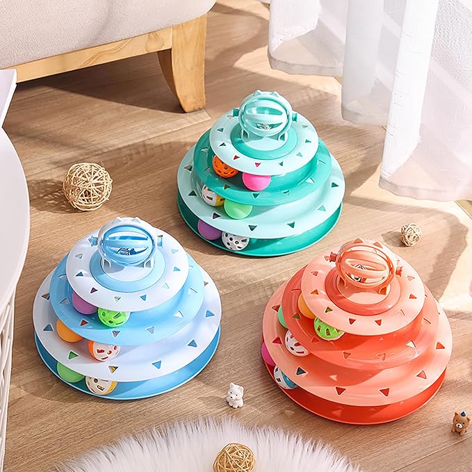 Vealind Cat Toy Roller 4-Level Turntable Cat Toys Balls with Colorful Pom Pom Balls Interactive Fun Mental Physical Exercise Puzzle Kitten Toys (Orange)