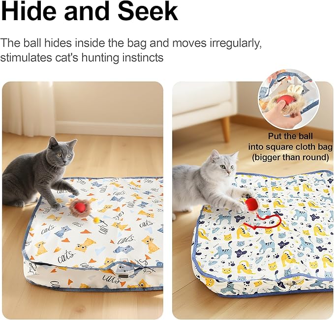 Interactive Cat Toys Ball - 2pcs Automatic Fast Rolling Ball in Play Mat, Hide and Seek Mouse Catching Game, Low-Noise Cat Enrichment Toys in Pouch for Indoor Bored Cats(Heart Pattern-Square)