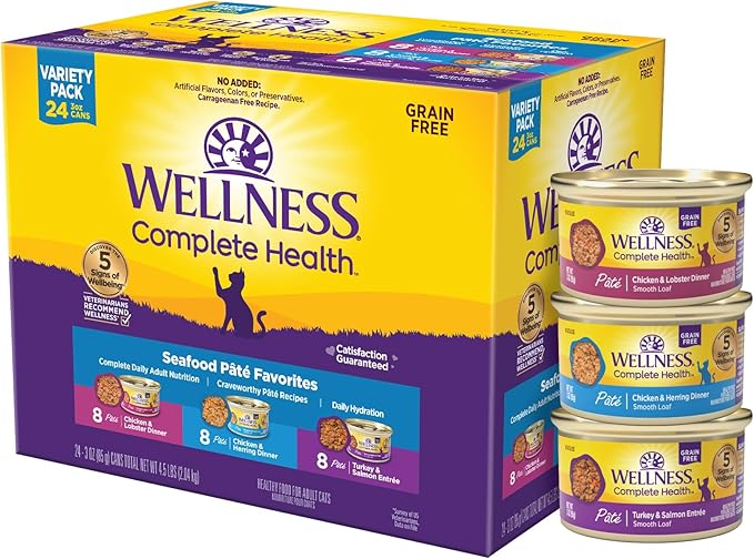 Wellness Complete Health Pate Adult Wet Cat Food, Natural, Protein-Rich, Grain-Free, 3 Ounce, 24 Pack, (Seafood Favorites Variety Pack)