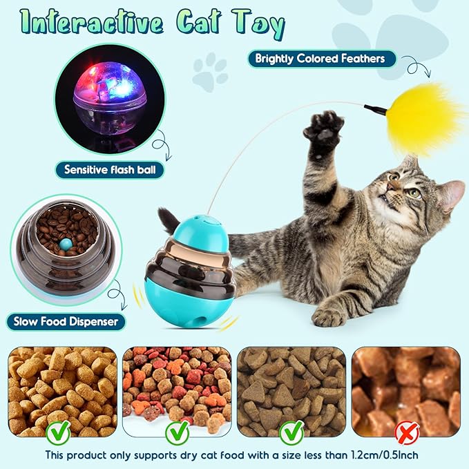 Tumbler Cat Toys for Indoor Bored Cats,Fun Wand Toy and Feather Toys Slow Feeder with Flash Ball,Cat Toys for Indoor Cats to Loss Weight and Exercise Feeding Pet Supplies Birthday Gift (Blue)