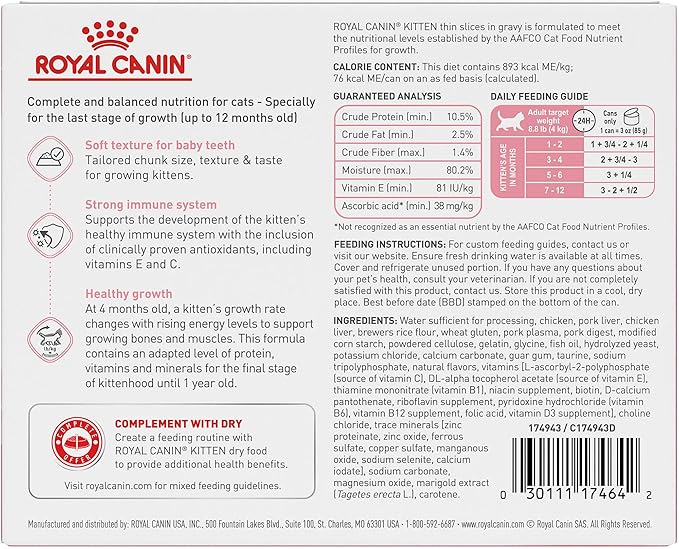 Royal Canin Feline Health Nutrition Kitten Thin Slices in Gravy Canned Cat Food, 3 oz can (6-pack)