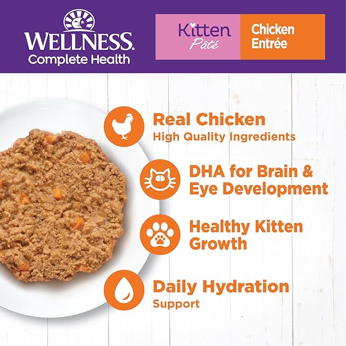 Wellness Complete Health Pate Kitten Wet Cat Food, Natural, Protein-Rich, Grain Free, 5.5 Ounce, 24 Pack, (Chicken)