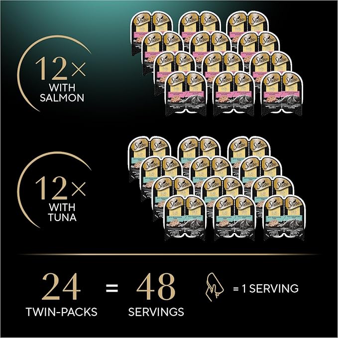 Sheba Perfect Portions Wet Cat Food Cuts in Gravy Variety Pack, with Sustainable Tuna and with Sustainable Salmon, 2.6 oz. Twin-Pack Trays (12 Count, 24 Servings) (Pack of 2)