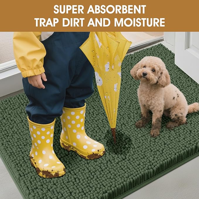 IM HOME Extra Large 71" x 25" Olive Dog Door Mats for Muddy Paws, Chenille Absorbent Dog Mat, Non Slip Heavy Mud Mat for Dogs, Soft Pet Bed Mat for Entryway, Mud Paws, Inside Floor