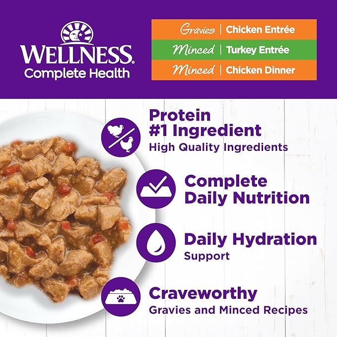Wellness Complete Health Gravy and Minced Adult Wet Cat Food, Natural, Protein-Rich, Grain-Free, 3 Ounce, 12 Pack, (Chicken & Turkey Lovers Variety Pack)