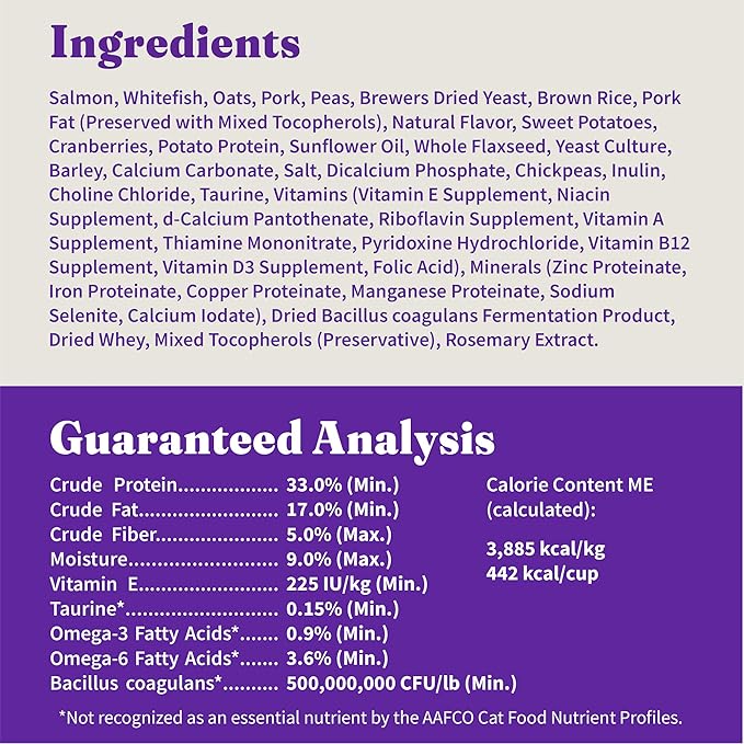 Halo Holistic Cat Food Wild Caught Salmon & Whitefish Formula, Healthy Grains Dry Cat Food, Complete Digestive Health, Kibble for Adult Cats, 3 lb Bag