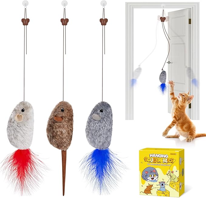 Potaroma Hanging Cat Mice Toys 3 Pcs with Squeaky Sound, Interactive Cat Teaser Retractable, Cat Toys Indoor Kitten Play Chase Exercise, Mental Physical Stimulation