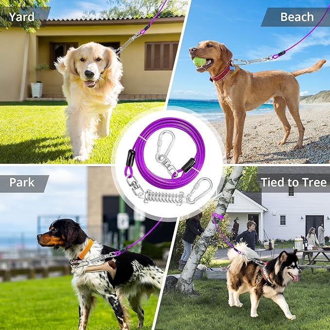Jenico Dog Tie Out Cable, 10-150FT Runner Cable with Swivel Hook and Shock Spring, Yard & Camping Dog Leash Tether for Small to Medium Pets Up to 500 LBS