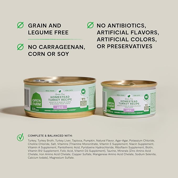 Open Farm Canned Cat Food, Paté for Complete & Balanced Nutrition, Grain-Free and Legume-Free Wet Cat Food, Homestead Turkey Recipe, 5.3oz Cans (Case of 12)