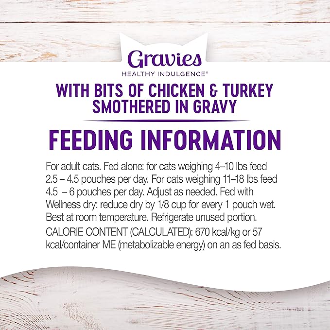 Wellness Healthly Indulgence Gravy Adult Wet Cat Food, Natural, Protein-Rich, Grain Free, 3 Ounce Pouch, 24 Pack, (Chicken & Turkey)
