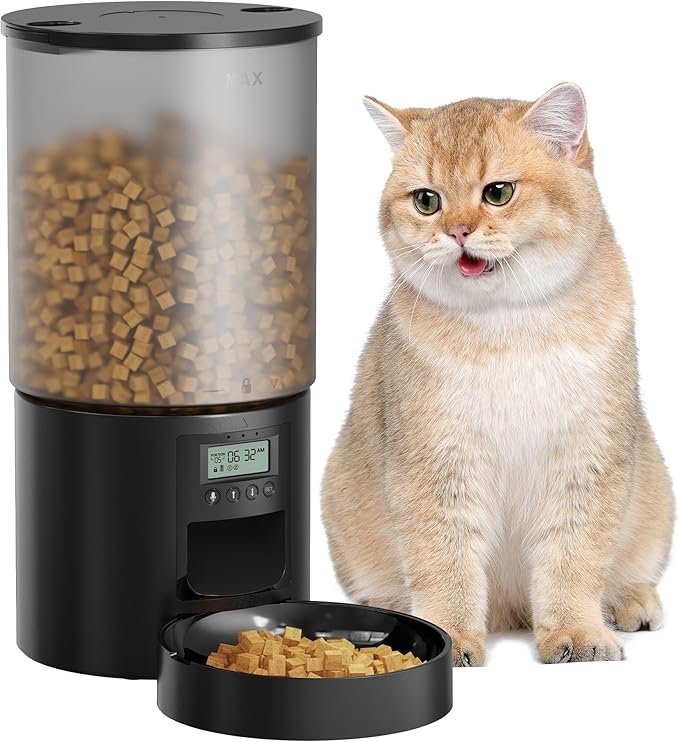 Automatic Cat Feeder Food Dispenser: 6L Timed Small Dog Dry Food Dispenser with 10s Voice - Distributeur Nourriture Chat Hund Programmable - Auto Pet Feeder with 1-6 Meals Black