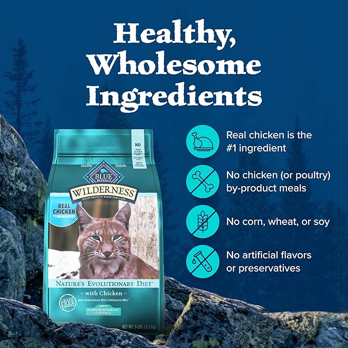 Blue Buffalo Wilderness High-Protein, Grain-Free Natural Dry Food for Adult Cats, Indoor Hairball Control, Chicken, 11-lb. Bag