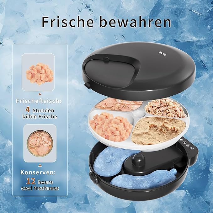 Automatic Cat Feeder Wet Food, Whisker-Friendly Automatic Cat Food Dispenser True 4-Meal Design with Locking Lid, Smart Timer Feeder for Wet Cat/Dog ，2-Ice Packs, Easy to Clean (Black)