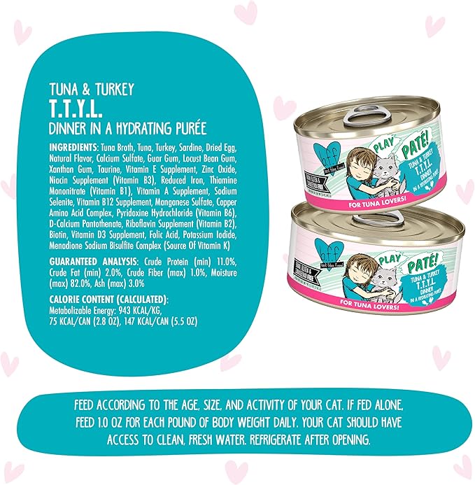 Weruva B.F.F. Play - Best Feline Friend Paté Lovers, Aw Yeah!, Tuna & Turkey T.T.Y.L. with Tuna & Turkey, 2.8oz Can (Pack of 12)