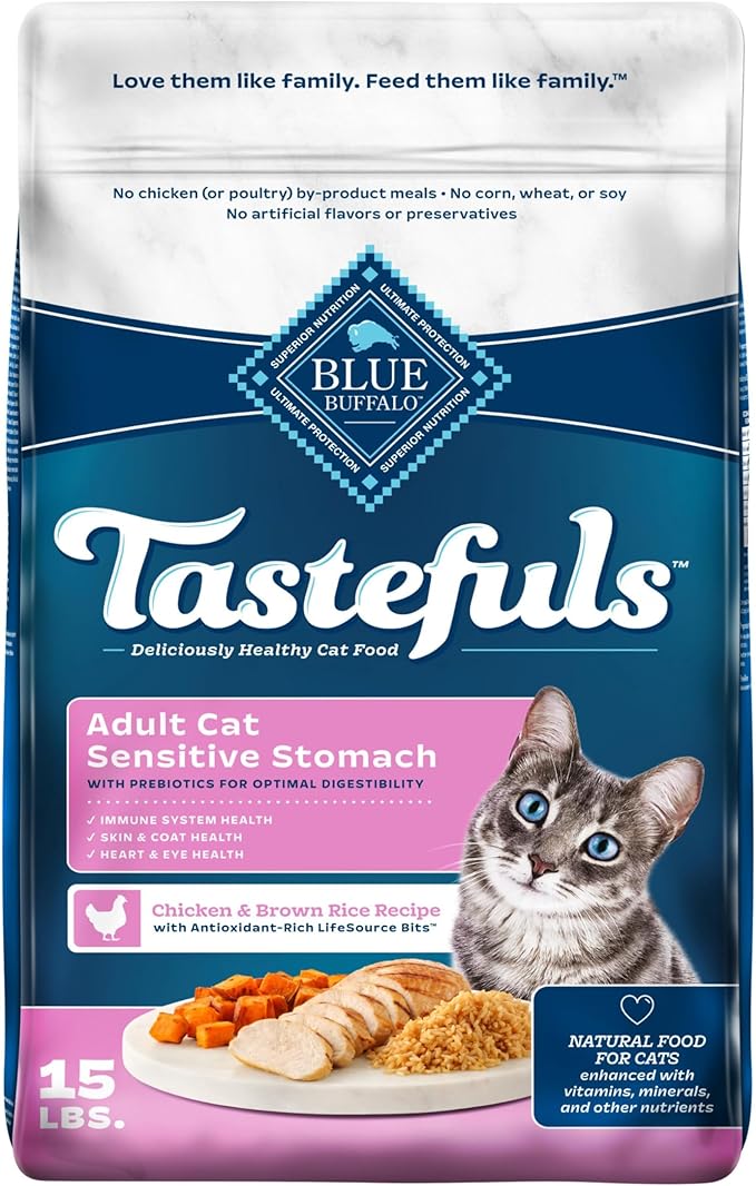 Blue Buffalo Tastefuls Natural Dry Food for Adult Cats, Sensitive Stomach, Chicken & Brown Rice Recipe, 15-lb Bag