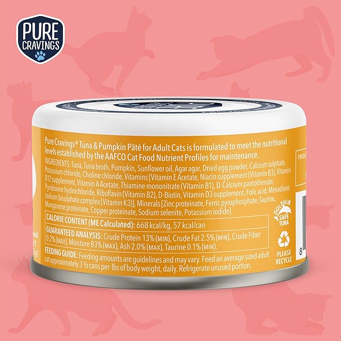 Tuna and Pumpkin Pate, Canned Wet Cat Food, 100% Mercury-Tested, Moist Can Fish, Grain-Free Protein, Non-GMO, 12 Pack