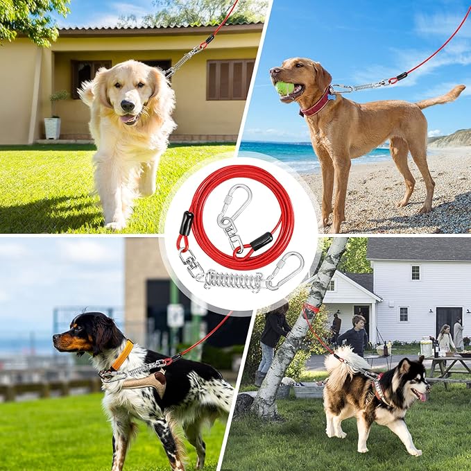 Jenico Dog Tie Out Cable, 10-150FT Runner Cable with Swivel Hook and Shock Spring, Outdoor Dog Leash Tether for Small to Medium Pets Up to 500 LBS
