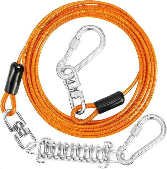 jenico Dog Tie Out Cable, 10/15/20/30/40/50/70/100/150FT Runner Cable with Swivel Hook and Shock Spring, Dog Leash Run Tether for Yard Outdoor and Camping,for Small to Medium Pets Up to 500 LBS
