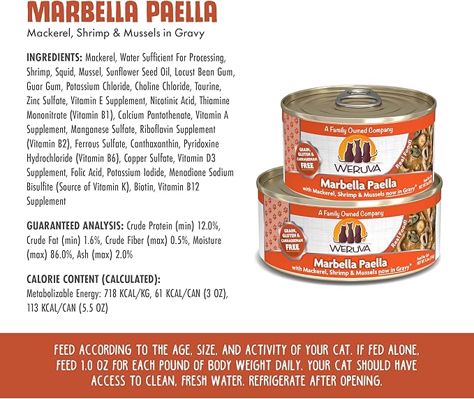 Weruva Classic Cat Food, Marbella Paella with Mackerel, Shrimp, & Mussels in Gravy, 3oz Can (Pack of 24)