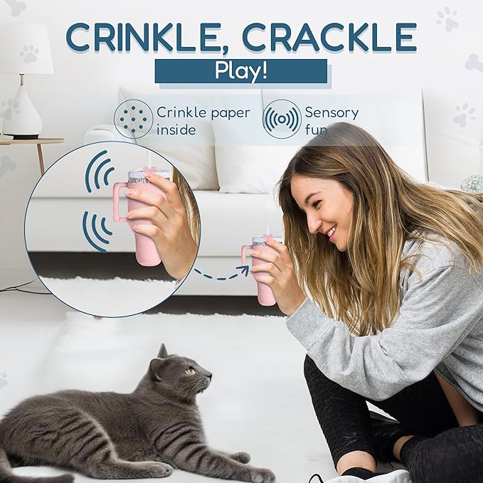 Kitty Cup Tumbler Cat Toy – Funny Cat Birthday Gifts with Catnip & Crinkle Paper, Cute Girl Kitten Toys (Pink Peach Dust)