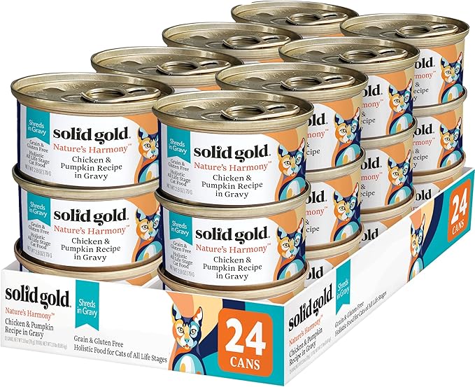 Solid Gold Wet Cat Food Shreds in Gravy - Healthy Canned Cat Food Made w/Real Chicken & Pumpkin Shreds, Vitamins & Minerals - Grain Free & Gluten Free Canned Meals for Cats & Kittens - 24ct/3oz Can