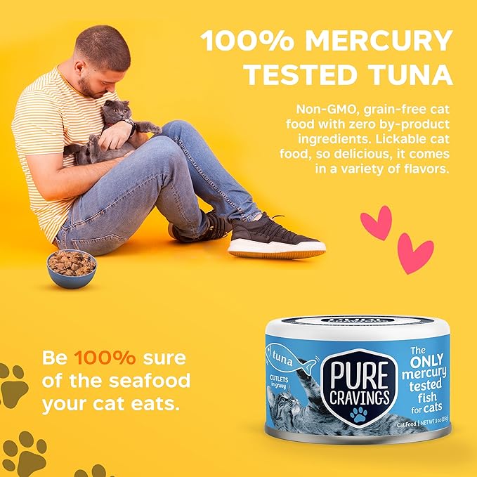 Wet Cat Food Canned Tuna Cutlets in Gravy, 100% Mercury-Tested, Moist Can Fish for Cats, Grain-Free, Protein, Non-GMO, Pack of 12