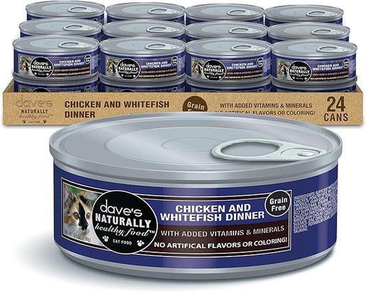 Dave's Pet Food Grain Free Wet Cat Food (Chicken & Whitefish), Made in Canada Naturally Healthy Canned Cat Food, 5.5 oz Cans (24 Pack)