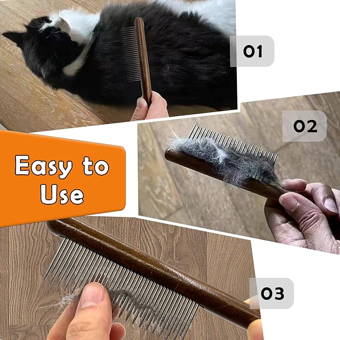3 Pack Solid Wood Cat Combs, Stainless Steel Teeth for Cat Dog Rabbit Massage, Flea Lice Comb Removes Mats, Tangles and Loose Fur, Grooming Comb for Small Medium Pets
