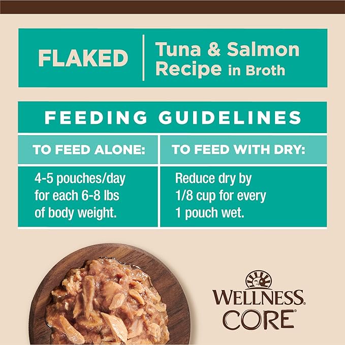 Wellness CORE Tiny Tasters Flaked Adult Wet Cat Food, Natural, Protein-Rich, Grain Free, 1.75-Ounce Pouch, 12 Pack, (Tuna & Salmon)
