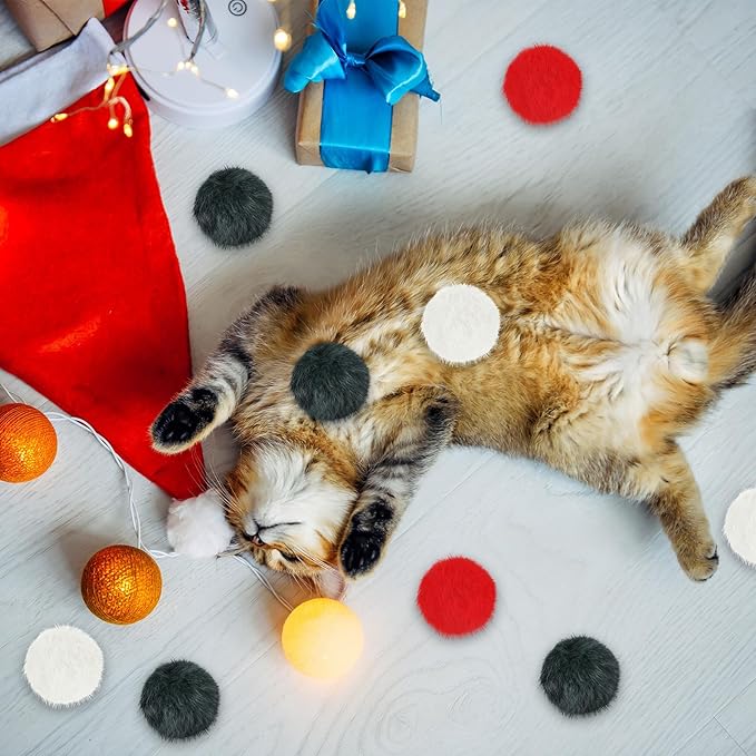 LEIFIDE 12 Pieces Real Rabbit Fur Pom Pom Kitty Cat Toy Fluffy Cat Balls Soft Fuzzy Balls for Kitty Pets Kitten Chase Quiet Play, 3 Inches in Diameter(Red,White,Green)