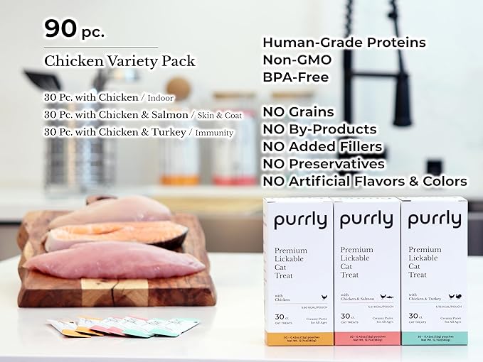 Purrly Low Calorie Premium Lickable Cat Treat Topper Healthy Chicken Variety Bundle (90 Count) Human-Grade Protein Sources with Functional Nutrients Wet Squeeze Creamy Purée Grain-Free Non-GMO