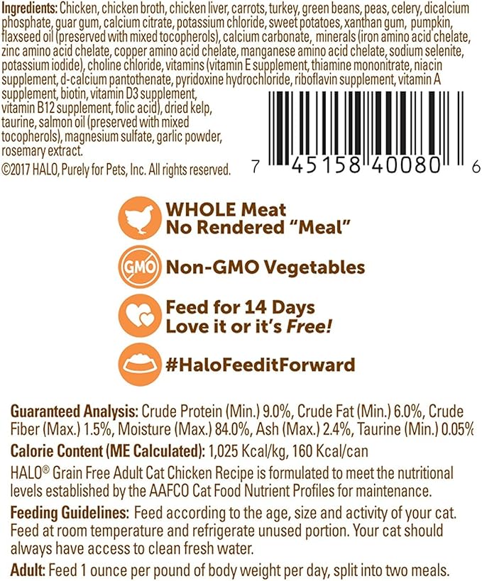 Halo Wet Cat Food Whole Chicken Recipe, Grain Free Wet Cat Pate, Canned Cat Food for Extra Hydration, 5.5 Oz Can (Pack of 12)