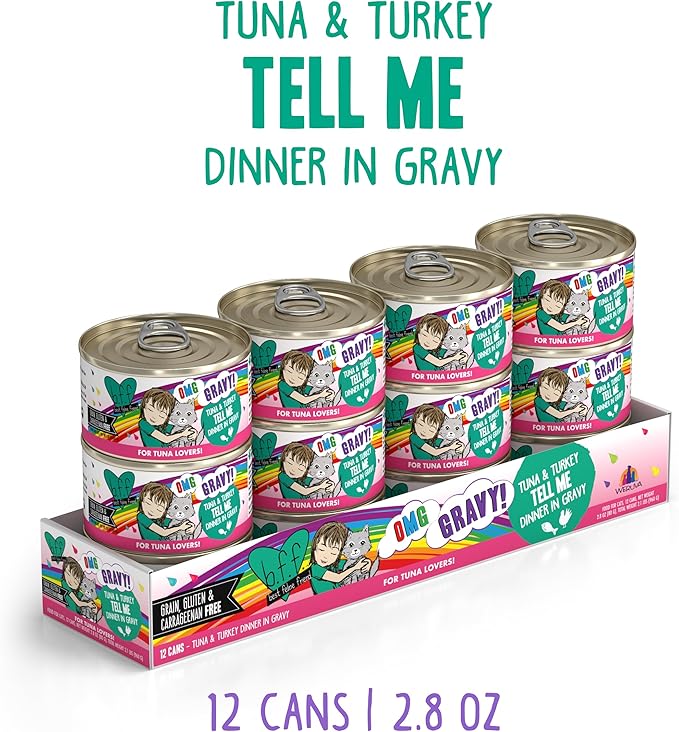 Weruva B.F.F. OMG - Best Feline Friend Oh My Gravy!, Tuna & Turkey Tell Me with Tuna & Turkey, 2.8oz Can (Pack of 12)