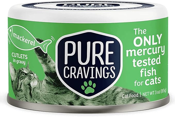 Wet Cat Food Canned Mackerel Cutlets in Gravy, Every Catch is Mercury Tested, Moist Can Fish for Cats, Grain-Free, Protein, Non-GMO, Pack of 12