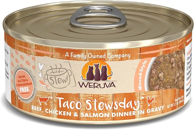 Weruva Classic Cat Stews!, Taco Stewsday with Beef, Chicken & Salmon in Gravy, 5.5oz Can (Pack of 8)