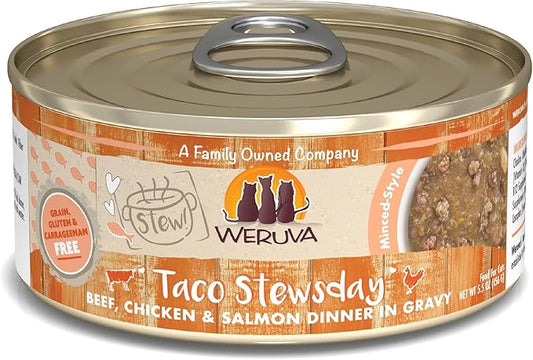 Weruva Classic Cat Stews!, Taco Stewsday with Beef, Chicken & Salmon in Gravy, 5.5oz Can (Pack of 8)