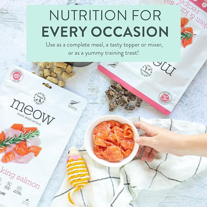 Meow e - Chicken & King Salmon Recipe, Dry Cat Food Use as a Complete Diet, Topper, Mixer, or as Cat Training Treats, All Life Stages, 3.5 oz