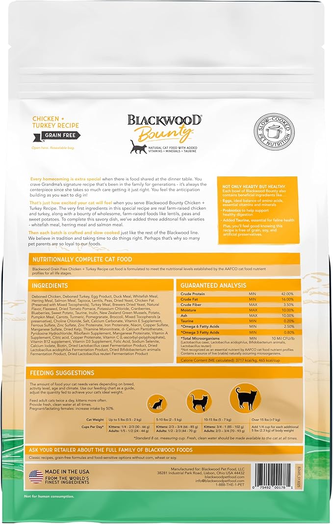 Blackwood Bounty Dry Cat Food, Chicken & Turkey Recipe for All Life Stages, 2 Pound Bag, High Protein, Grain Free