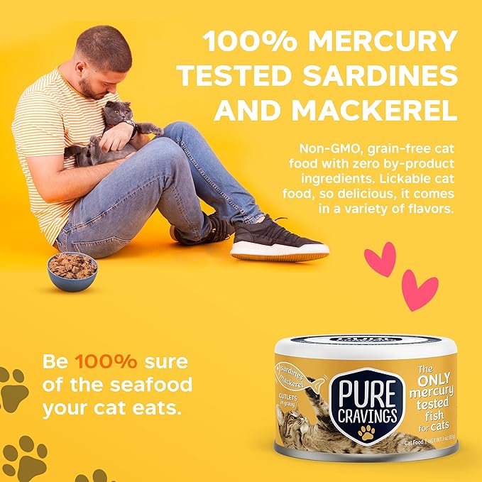 Wet Cat Food Canned Mackerel and Sardine Cutlets in Gravy, Every Catch is Mercury Tested, Moist Can Fish for Cats, Grain-Free, Protein, Non-GMO, Pack of 12
